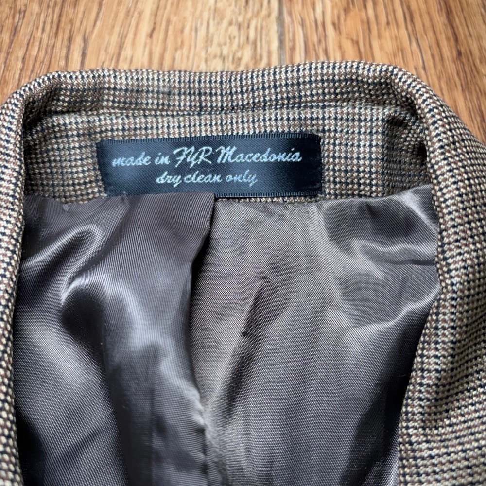 Andrew Fezza Fusion Silk Super 100s Wool Blazer Mens 40R Brown Micro Check - Picture 7 of 11